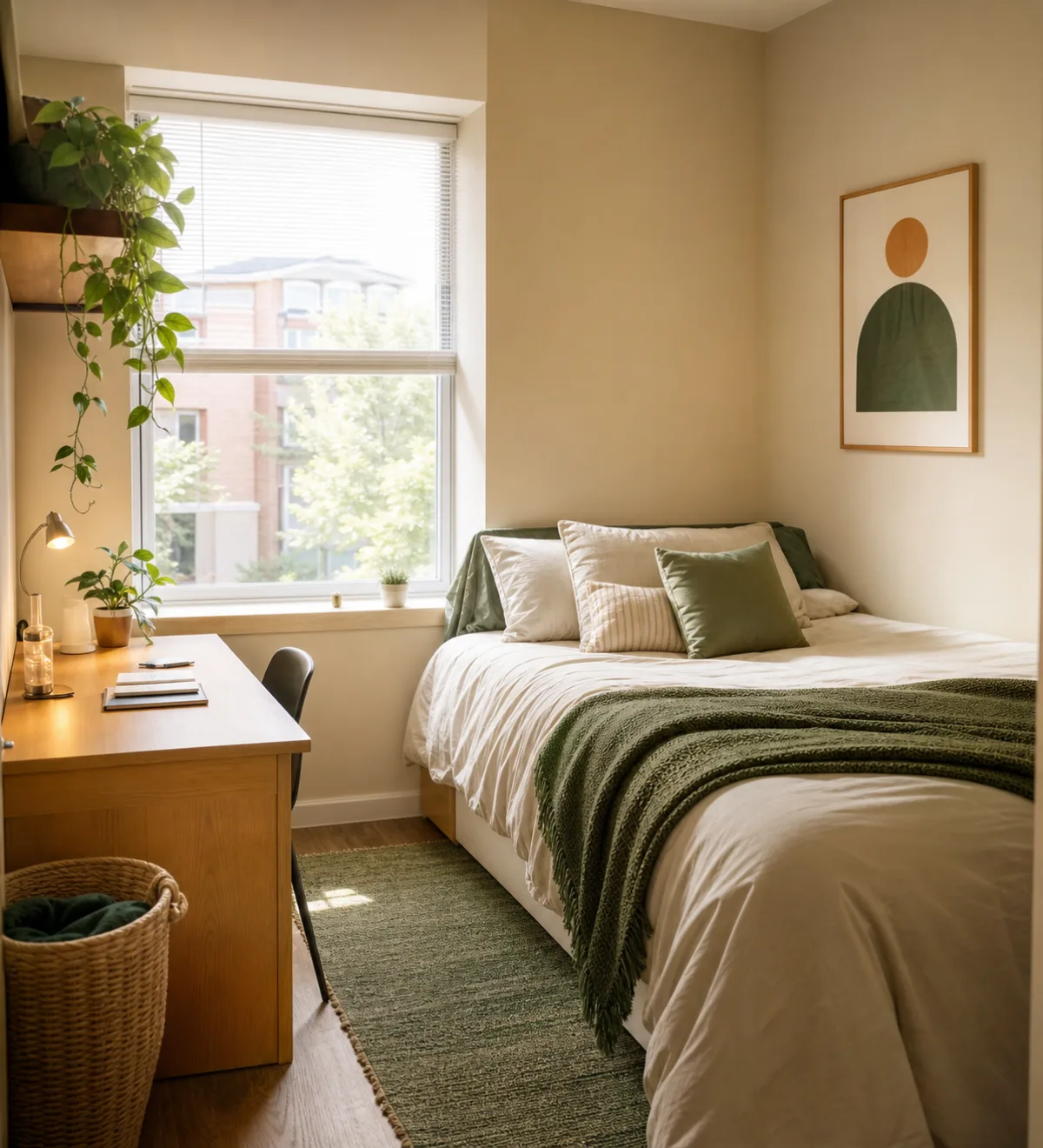 Warm furnished student bedroom with a desk, green accents, and natural morning light